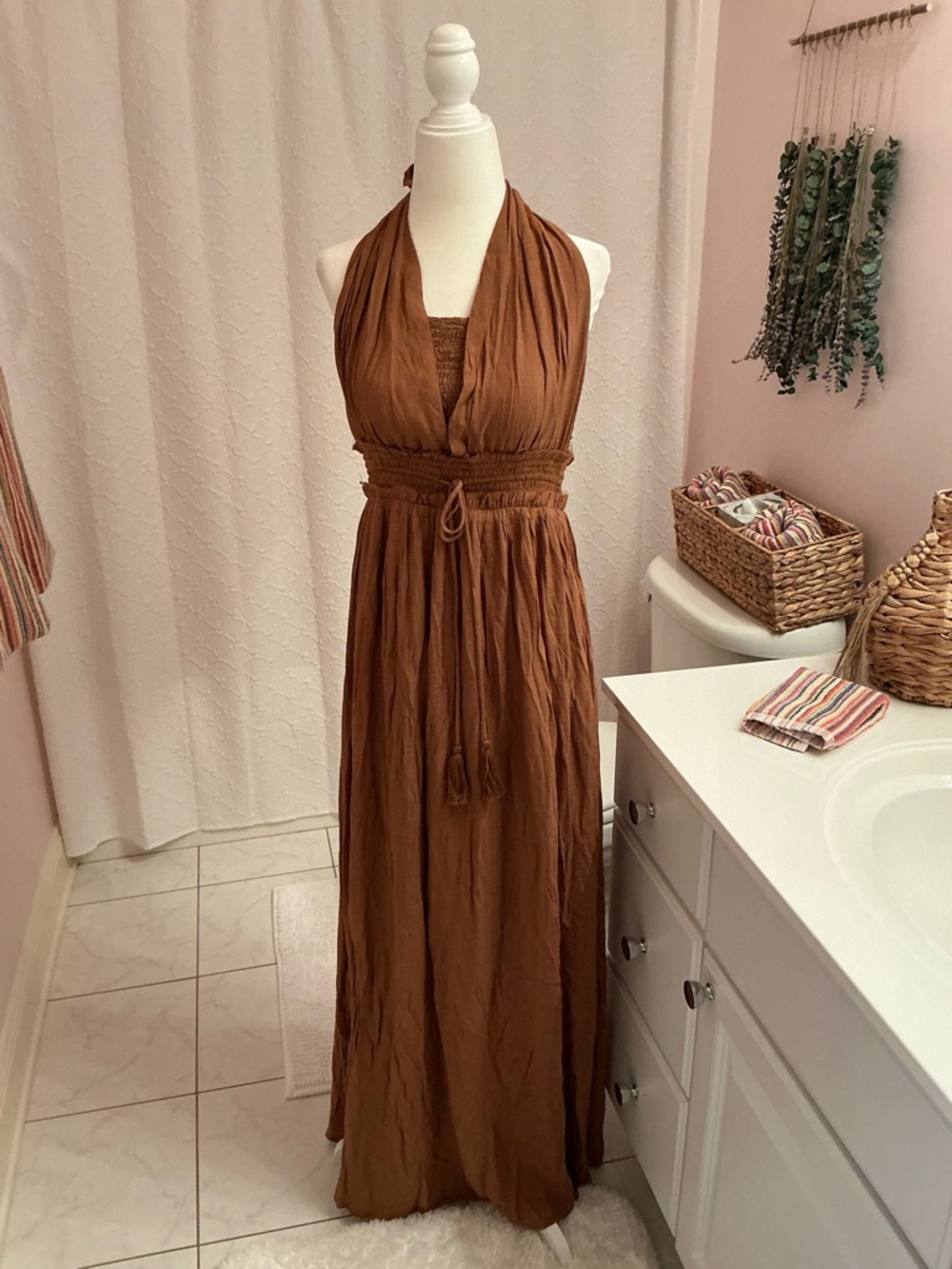Wishlist Brown Halter Maxi Dress with Smocked Waist